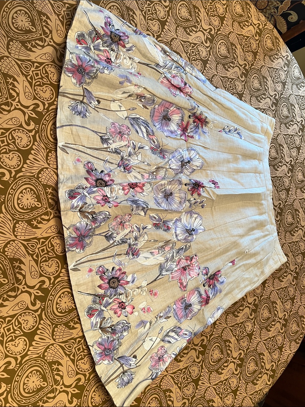 LOFT Beige Circle Skirt with Pink White & Purple Floral Print